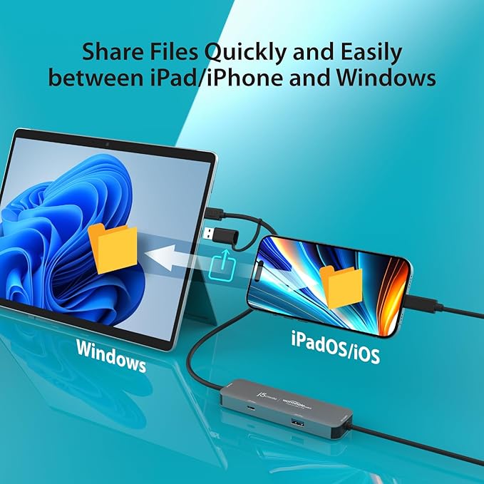 j5create iPad/iPhone to Windows Collaboration Sharing Hub Use iPad as a Second Display for Windows Laptop Transfer Files Between iPhone and Win PC Wormhole Switch CrossLink (JCH422)