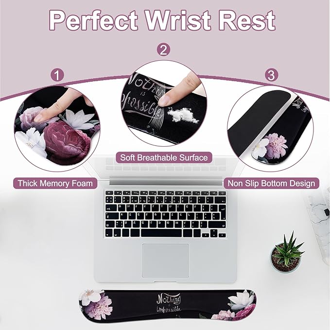 MEGREZ 4-in-1 Ergonomic Memory Foam Wrist Rest Set Desk Pad Mouse Pad with Wrist Rest Keyboard Pad Suitable for Office Workers Programmers &amp Gamers–Relieve Typing &amp Gaming Fatigue Black
