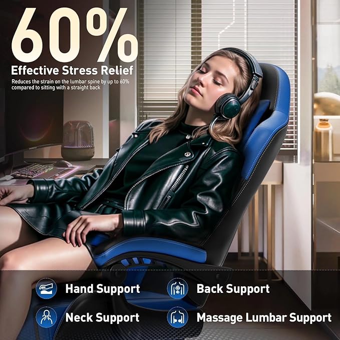 HLDIRECT Gaming Chair Ergonomic Video Game Seat with 360° Swivel &amp Lumbar Massage Computer Chair PU Leather Cushion for Adults Home/Office Use (Black &amp Blue)