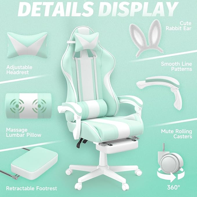 Ferghana Kawaii Light Green Gaming Chair with Bunny Ears Ergonomic Cute Gamer Chair with Footrest and Massage Racing Reclining Leather Computer Game Chair for Girls Adults Teens Kids