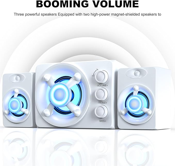 D-208 Computer Speakers with Subwoofer 2.1 Hi-Fi PC Speakers System with RGB Lighting  Enhanced Bass Plug and Play USB/USB-C Powered and 3.5mm Aux in for Desktop Monitor Laptop Tablet (White)