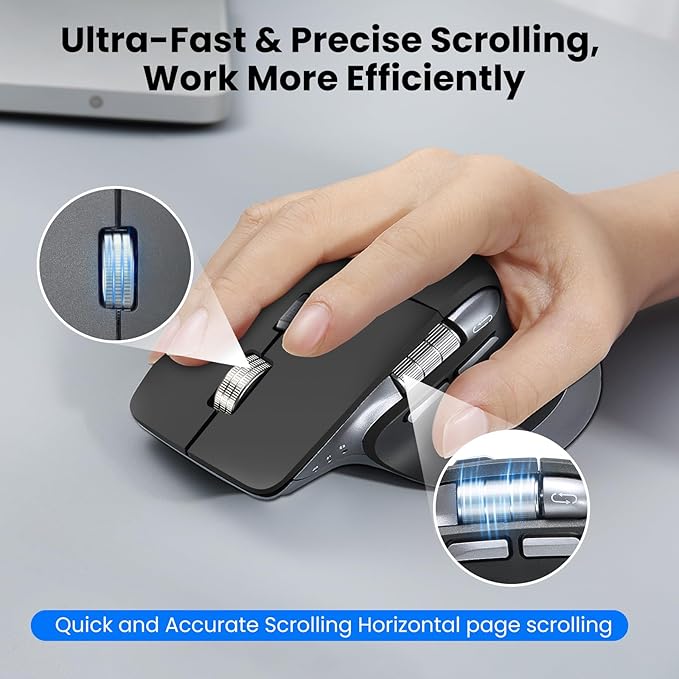 Wireless Bluetooth Mouse Ergonomic Rechargeable Silent Mouse with Multi-Device Adjustable DPI Flying Scroll &amp Thumb Wheel Bluetooth Mice for Laptop Computer Tablet Smartphone (Black)