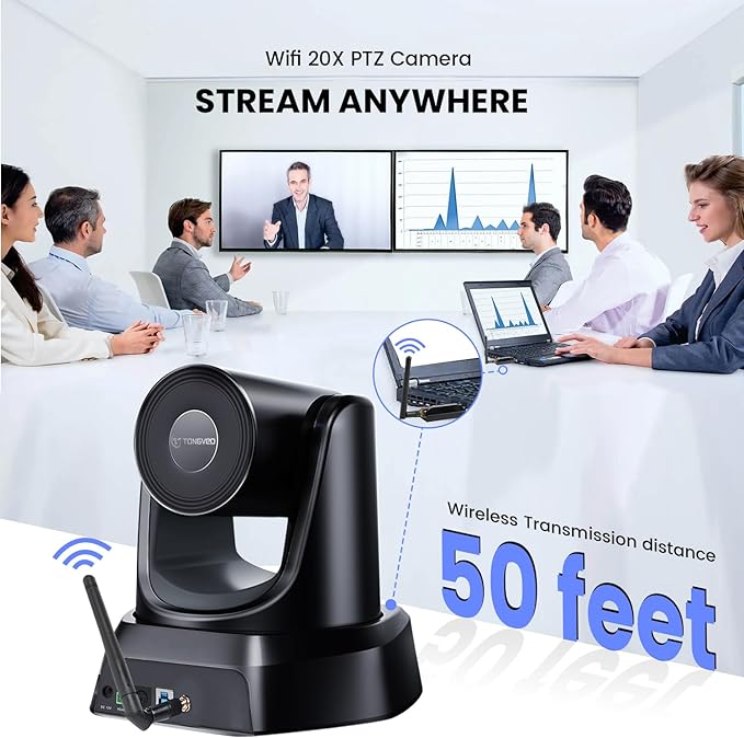 TONGVEO Wireless Conference Room Webcam Church Live Streaming 20X USB 1080P 60fps PTZ Camera for Worship Services Online Conference Works with Zoom Skype OBS Easy to Set Up