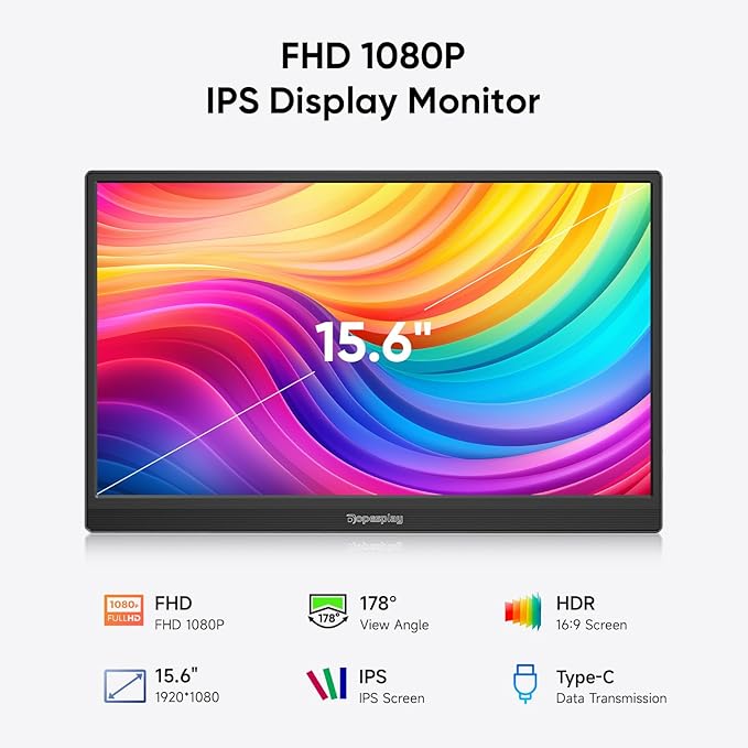Travel Portable Monitor with Sleeve Bag 15.6 FHD 1080P Portable Screen for Laptop with Kickstand USB-C HDMI Second External Monitor Screen Extender for Laptop Mac Phone PS4/5 Xbox Switch - Black