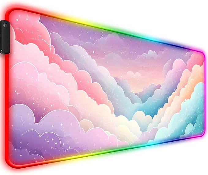 RGB Dreamy Colorful Cloud and Star Gaming Desk Mat Computer Keyboard Large Extended Long Girly LED Mouse Pad for Office and Home XL (W08)