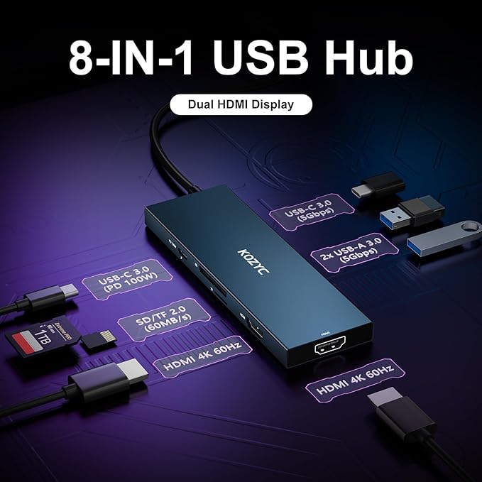 USB C Docking Station Dual HDMI 4K@60Hz 8-in-1 USB C Hub 2 HDMI USBC 3.0 2xUSB-A 3.0 SD/TF 100W PD Laptop Docking Station Dual Monitor Compatible with HP Dell