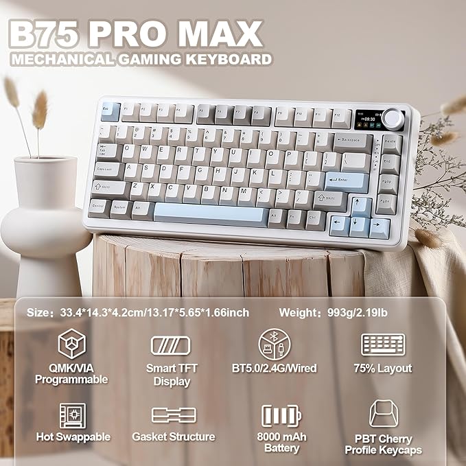 YUNZII B75 PRO MAX QMK/VIA Wireless Mechanical Keyboard75% Layout with Screen and KnobCustom Hot Swap GasketCreamy Pre-lubed SwitchesBluetooth/Type-C/2.4G for Win/Mac (BeigeCocoa Cream V2 Switch)