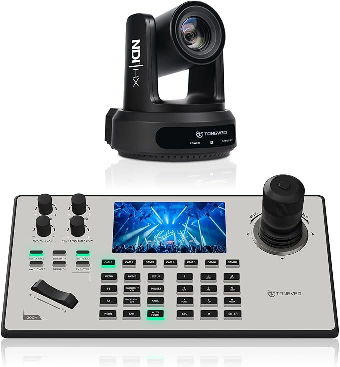TONGVEO NDI PTZ Camera &amp Joystick Controller Bundle: 30X Optical Zoom 1080P 60fps AI Auto-Tracking Camera with 5'' LCD Screen Preview Controller Supports PoE SDI HDMI USB for Church &amp Live St