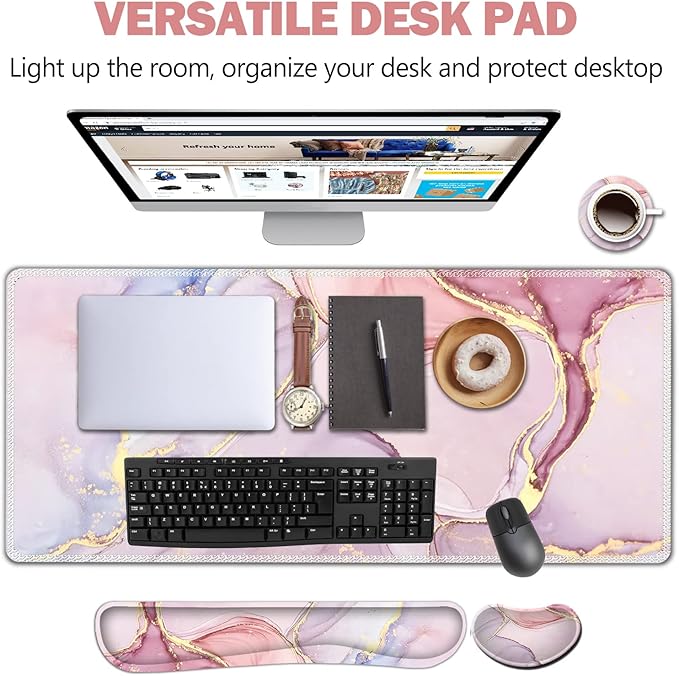 AIMSA Large Gaming Mouse Pad Set Keyboard Wrist Rest Support Mouse Pad Ergonomic Memory Foam Multifunctional Extended Desk Mat 35x15.7in Anti-Slip Rubber Base for Office Home Pink Purple Marble
