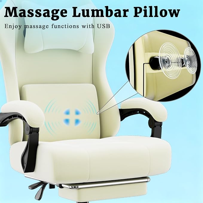 Ergonomic Gaming Chair Video Game Chair with Massage Lumbar Support and Footrest Height Adjustable Fabric Computer Chair with Pocket Spring Cushion (White)