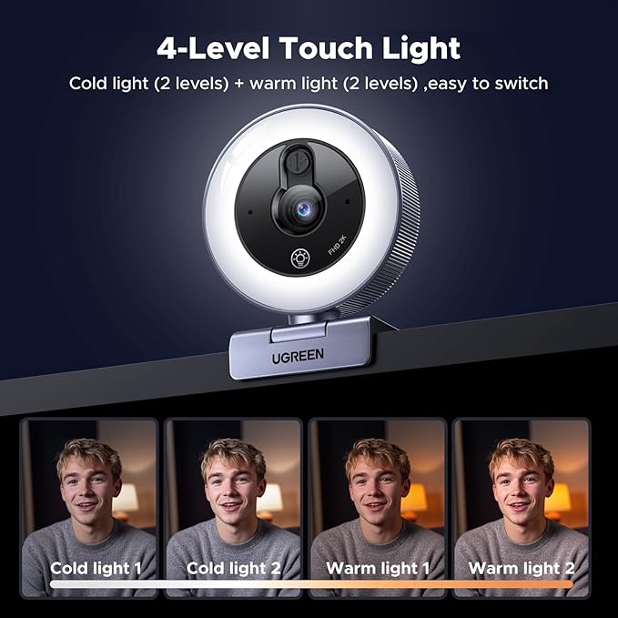UGREEN 2K Webcam with 4-Level Ring Light Full HD Webcam for PC with Microphone Privacy Cover USB Web Camera Compatible with Switch 2 Streaming Conference Zoom Teams Computer/Laptop/MacBook