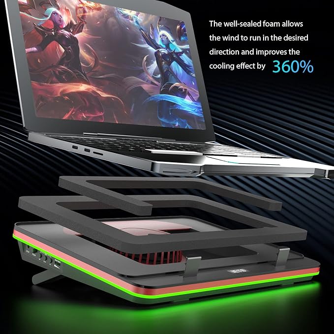 GT500 Powerful Turbo-Fan (5000 RPM) RGB Laptop Cooling Pad with Infinitely Variable SpeedSeal Foam for Rapid Cooling Gaming LaptopDust Filter for Protect Laptop13-17.3inch Laptop Cooler