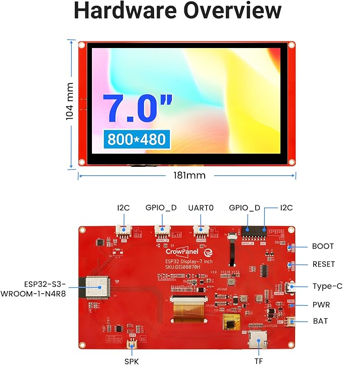 ELECROW ESP32 Display 800×480 7 Inch HMI Basic ESP32 RGB TFT LCD Touch Screen 32-Bit LX6 Dual-Core Processor Up to 240MHz Compatible with Arduino LVGL PlatformIO MicroPython