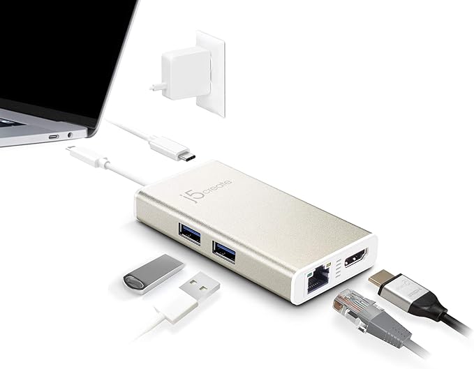 j5create USB C Hub Multi-Adapter Docking Station with HDMI 4K 2X USB 3.1 SuperSpeed Ports Ethernet Power Delivery 2.0 (JCA374)