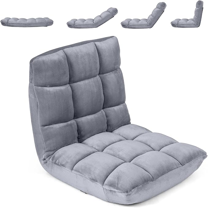 COSTWAY Floor Chair Video Gaming Chairs with Back Support Adjustable 14-Position Alloy Steel Frame Lazy Sofa Lounge Recliner for Adults Kids (Silver Grey)