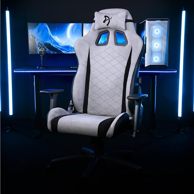 Arozzi Avanti Gaming Chair - Soft Fabric Ergonomic Gaming Chairs for Adults - Adjustable Height Backrest &amp Armrest with Head Pillow - Home Office Setup Professional Computer Chairs Light Grey