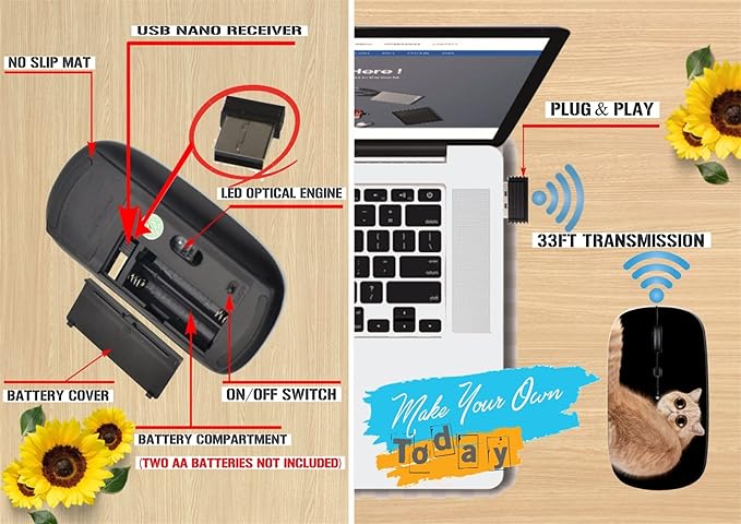 maizi Mouse Wireless for Mac Laptop PC Chromebook Mouses Wireless Image ID: 26227899 Funny Surprised cat Exotic Domestic 2.4G Lightweight with USB Receiver Printed in USA
