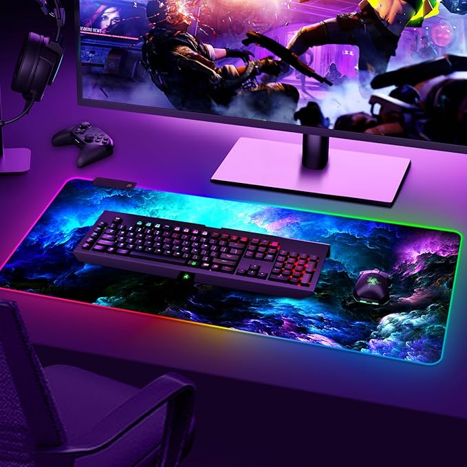 ARTSO RGB Gaming Mouse Pad Large Extended LED Mouse Mat XXL 35.4x15.7 inch 14 Lighting Modes 2 Brightness Non-Slip Rubber Base Mousepad Waterproof Keyboard MatFantasy Nebula Sky