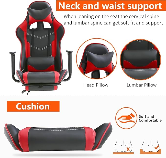 PC Gaming Chair with Footrest Ergonomic Home Office Chair with Lumbar Support &amp Headrest Pillow Height Adjustable Swivel Recliner Racing Computer Video Game Chairs Red