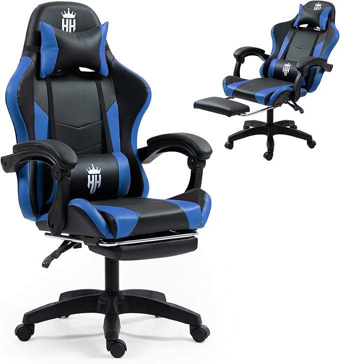 Gaming Chair with Footrest Ergonomic Computer Chair for Adult Adjustable Headrest Lumbar Pillow Large Size Reclining Gaming Chair Big and Tall with Linkage Armrest for Home Office Gaming (Blue)