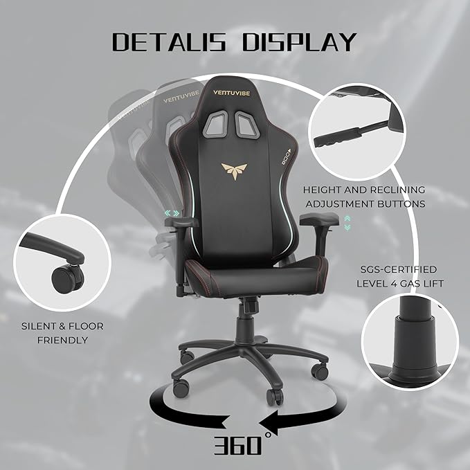 Gaming Chair 4D Adjustable Armrests - 170° Reclining &amp 320lb Capacity High Back Ergonomic Computer Chair with Lumbar Support Office Game Chair for Adults PU Black
