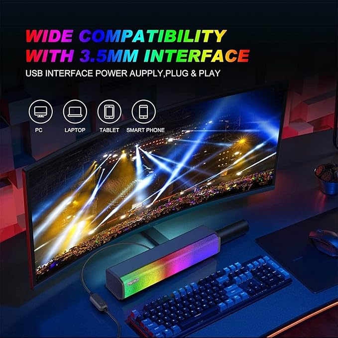 Computer Speakers Wired Computer Sound Bar Enhanced Stereo USB Powered Soundbar Speakers One Button Control for PC Tablets Laptop Cellphones