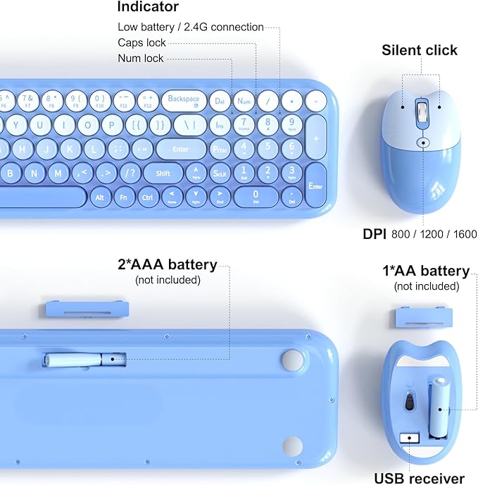 Wireless Keyboard and Mouse Combo MOWUX Compact Typewriter Retro Round Computer Keyboard Cute Optical Mouse Wireless Plug and Play for Laptop PC Computer- Blue Gradient