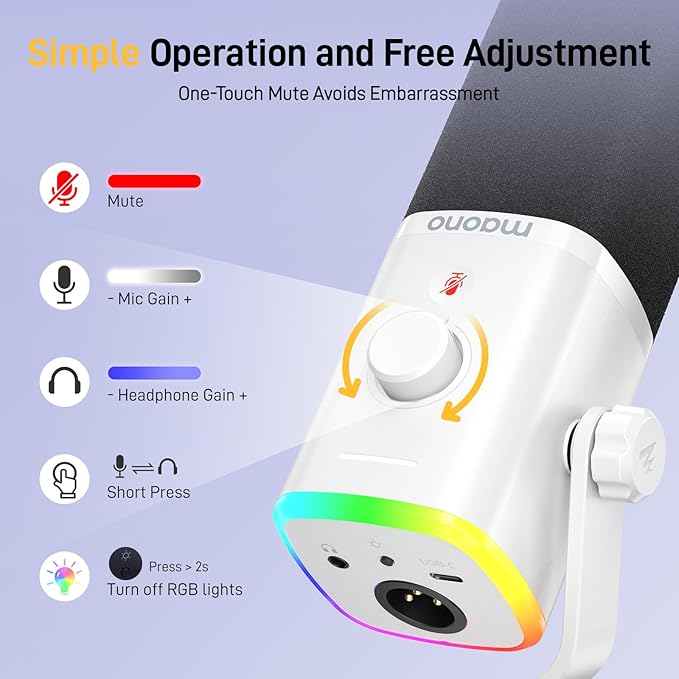 MAONO USB/XLR Podcasting Microphone for PC Gaming Streaming Dynamic Mic with Mute Button RGB Desktop StandComputer Mic for Video Studio Recording-PD100XWhite