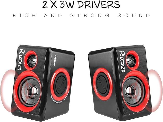 Computer Speakers 2.0 CH PC Speakers with Surround Sound USB Wired Laptop Speakers with Deep Bass for Desktop Computer/PC/Laptops/Smart Phone Build-in 4 Loudspeaker Diaphragm Reccazr SP2040|RED