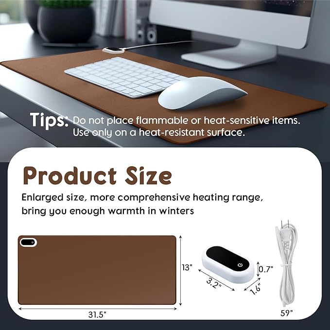 Konohan Heated Desk Pad Warm Mouse Pad 5 Heating Level &amp 4 Hour Auto Shut-Off PU Leather Warm Mouse Mat Heating Keyboard Gaming Mice Warmer Mat Only Supports 110v(Brown Color31.5 X 13)