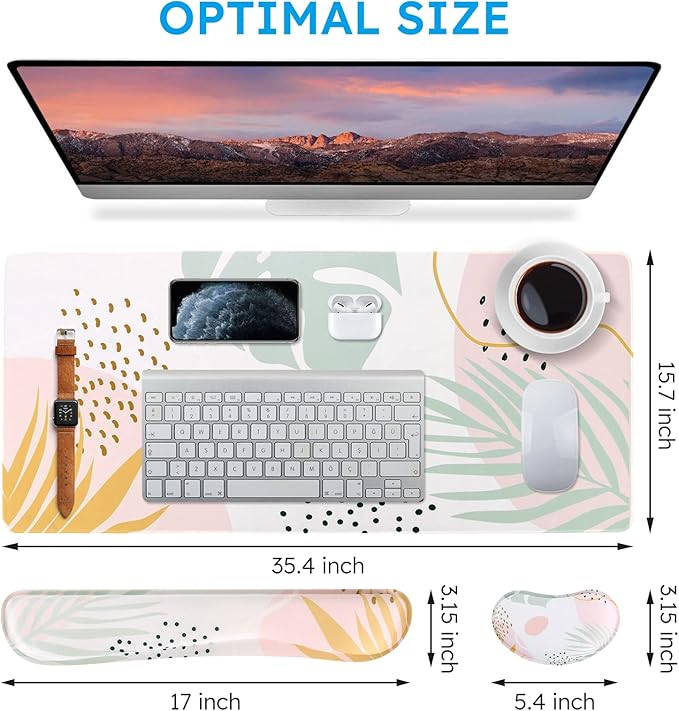 iCasso Desk Pad Mat Big Ergonomic Mouse Pad+ Keyboard Pad+Wrist Rest Easy Typing Pain Relief 3Pcs (35.4×15.7 in) Keyboard Mat Desk Mat for Keyboard and Mouse (Morlandi)