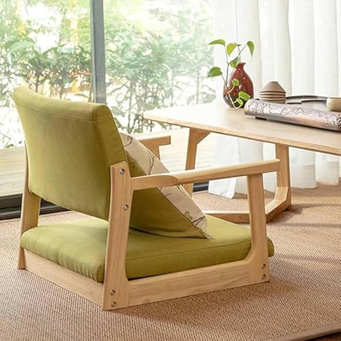 ELEFOCUS Floor Chair with Armrest and Backrest Japanese-Style Design for Office or Bay Window Seating Timber Construction(Green2)