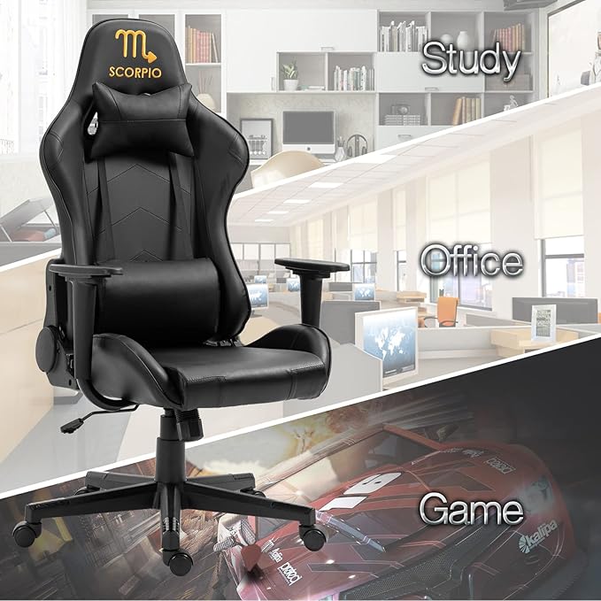 Modern-Depo Black Scorpio Gaming Chair with Zodiac Sign Ergonomic Design Adjustable Swivel Lumbar Support 330 lbs Capacity