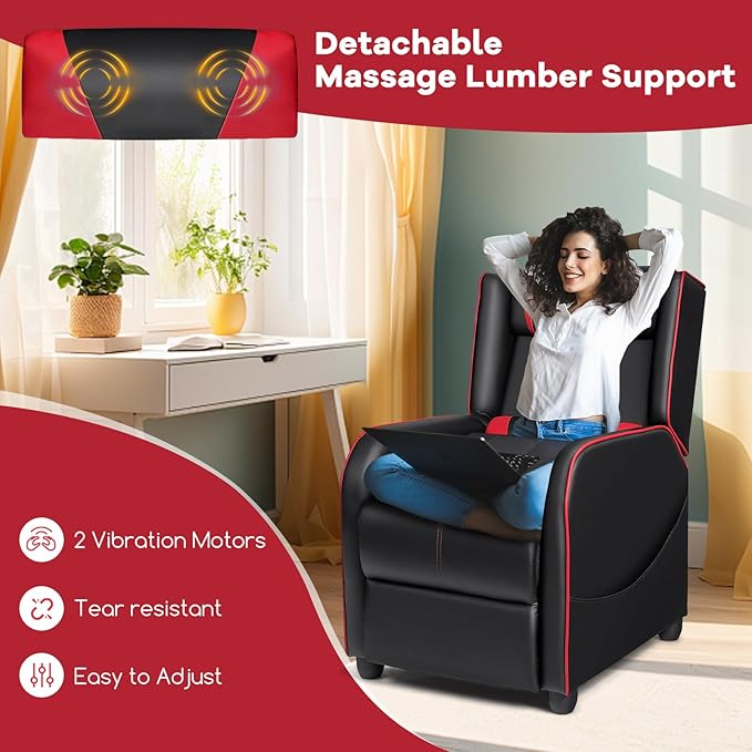 Goplus Massage Gaming Recliner Chair Racing Style PU Leather Single Recliner Sofa with Footrest Adjustable Modern Living Room Recliners Ergonomic Home Theater Recliner Seat (Red)