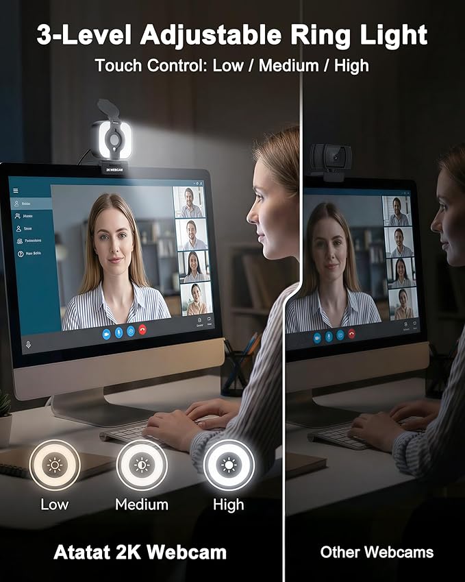 Atatat 2K QHD Webcam for PC with Microphone &amp Light &amp Privacy Cover Web Camera for Desktop Computer Laptop &amp MacBook Integrated Autofocus &amp Noise Canceling Mic for Zoom Meetings S