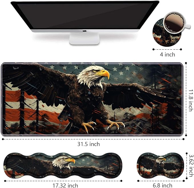 Ergonomic Keyboard Wrist Rest &amp Mouse Pad Wrist Rest SetLarge XXL Gaming Desk Mat 31.5x 11.8Non-Slip Base Memory FoamEasy Typing Pain Relief for Office &amp HomePatriotic American Flag Bal