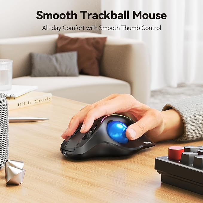 TECKNET Pro Wireless Trackball Mouse Bluetooth Mouse with Ergonomic Thumb Control USB-C Rechargeable RGB Light Mice with Adjustable DPI 3-Device Connectivity (BT or 2.4G)for PC/Mac/Laptop - Black