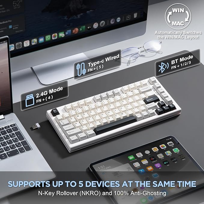 YUNZII YZ75 75% Hot Swappable Wireless Gaming Mechanical Keyboard RGB Backlights BT5.0/2.4G/USB-C Dye Sub PBT Keycaps for Linux/Win/Mac(Gateron G Pro Red White)