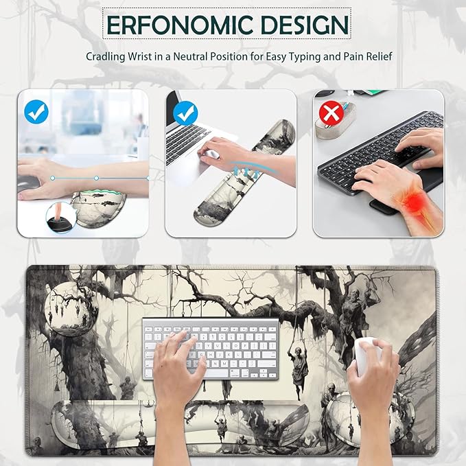 JVGFYNKL Large Gaming Mouse Pad Set Ergonomic Memory Foam Keyboard Wrist Rest Support + Mouse Wrist Rest + Extended Desk Mat with Non-Slip Rubber Base Skeleton Pattern Desk Pad