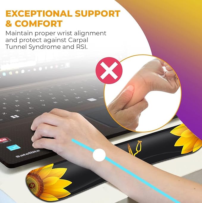 Mouse Pad Wrist Guard and Keyboard Wrist Rest Ergonomic Wrist Protection Non-Slip Rubber Base Mouse Pad Sunflower and ECG Stethoscope Pattern Personalized Fashionable Black Office Accessories