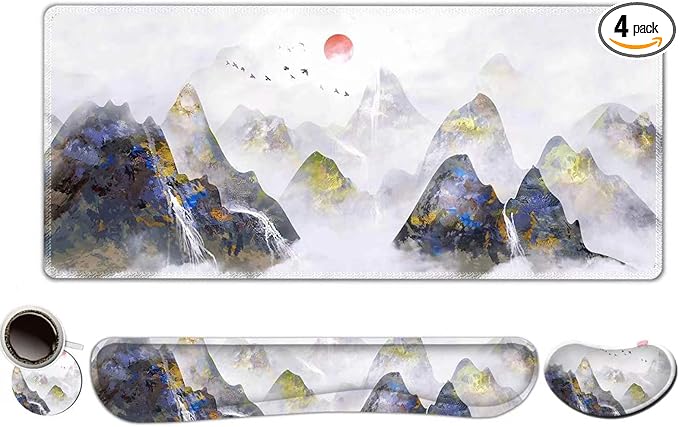 ToLuLu Extended Gaming Mouse Pad Memory Foam Ergonomic Keyboard Mouse Wrist Rest Support Set Large Desk Mat with Stitched Edges Non-Slip Base Mousepad for Home Office Game Study Ink Mountain