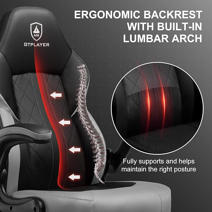 GTPLAYER Video Gaming Chair Ergonomic Computer Gaming Chair with Flip-Up Armrests and Adjustable Height Comfortable Desk Chairs with Built-in Lumbar Support Recliner with 360°Swivel (Dark Gray)