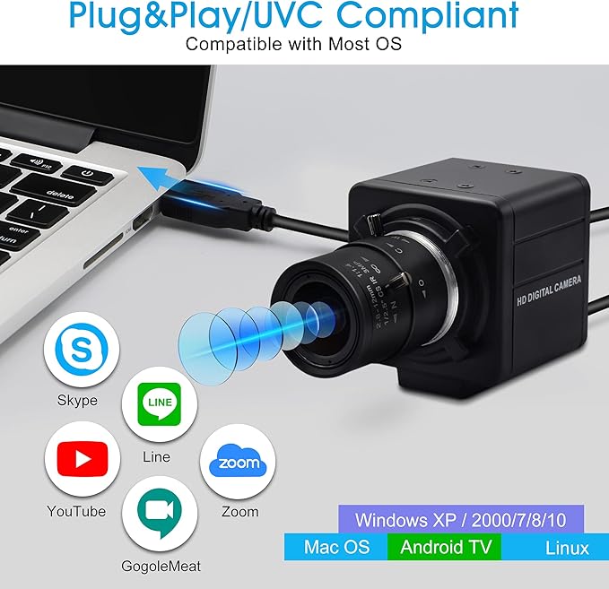 4K USB Camera Manual Zoom Webcam 2.8-12mm Variable Focus PC Camera for Computer Mini UVC USB2.0 Web Camera IMX317 Varifocal USB with Camera Industrial Video Close-up Camera for Laptop Android Mac