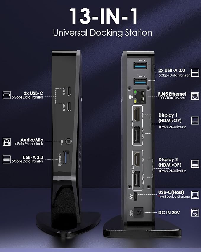 WAVLINK USB 3.0 and USB-C Universal Laptop Docking Station with 65W Dual Monitor Docking Station for Windows or Mac 4K HDMI (2 HDMI2 Display Ports3 USB-A 2 USB-C Ethernet Audio&ampMic)