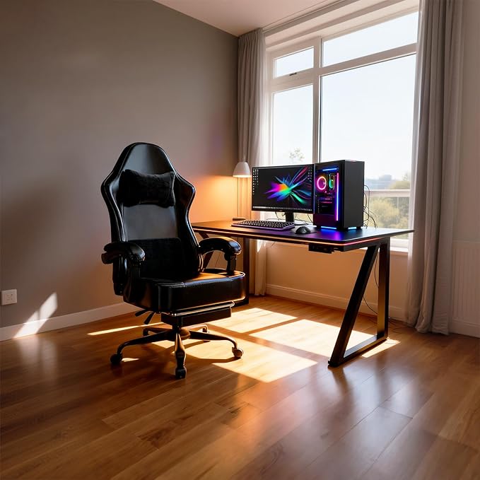 Ergonomic Gaming Chair with Footrest PU Leather Video Game Chairs for Adults Comfortable Computer Chair for Heavy People Reclining Gamer Chair Office Chair with Lumbar Support Dark Black