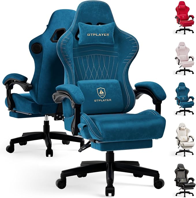 GTPLAYER ACE-PRO Music Gaming Chairs – Built-in Speakers App Support &amp Bluetooth Control Computer Game Chairs with Footrest for Adults Ergonomic Reclining Silla Linkage Armrest Blue 【Velvet】