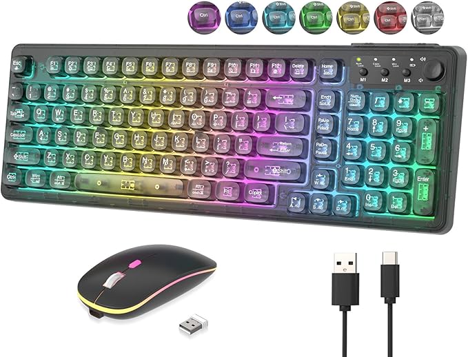 Black Light Up Keyboard and Mouse WirelessCute 2.4Ghz Cordless Rechargeable Transparent Backlit Keyboard15 Backlight EffectsVolume KnobRGB Mouse with 3 DPI for Mac Computer PC Laptop Desktop iPad