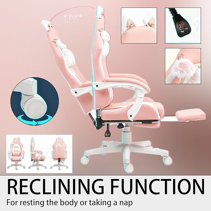 Gaming Chair with Footrest Cute Cat Gamer Chair with Reclining Massage Lumbar Support and Headrest for Cute Home Office Setup Pink