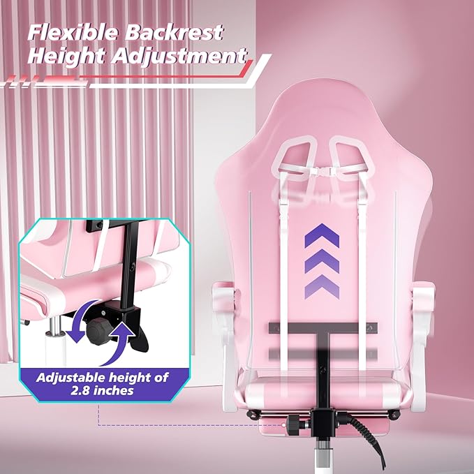 Magshion Gaming Chair Ergonomic Computer Chair with Linkage Armrests Height Adjustable Video Game Chair with Footrest and Headrest for Silla Gamer and Adults 350 Lbs Capacity Pink/White