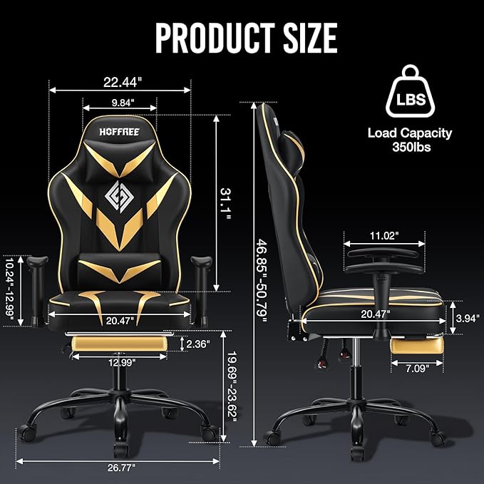 HOFFREE Massage Gaming Chair with Pocket Spring Cushion 155° Reclining Computer Gamer Chair with Footrest and Adjustable Armrests Ergonomic Video Game Chairs Gold and Black